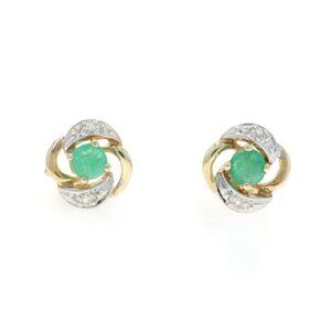 Yellow Gold Emerald Diamond Stud Earrings - 18k Round 4.26ctw Pierced